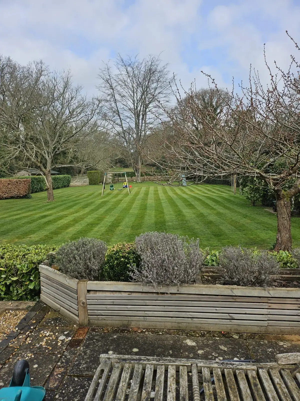 Freshly striped lawn with maintained garden borders