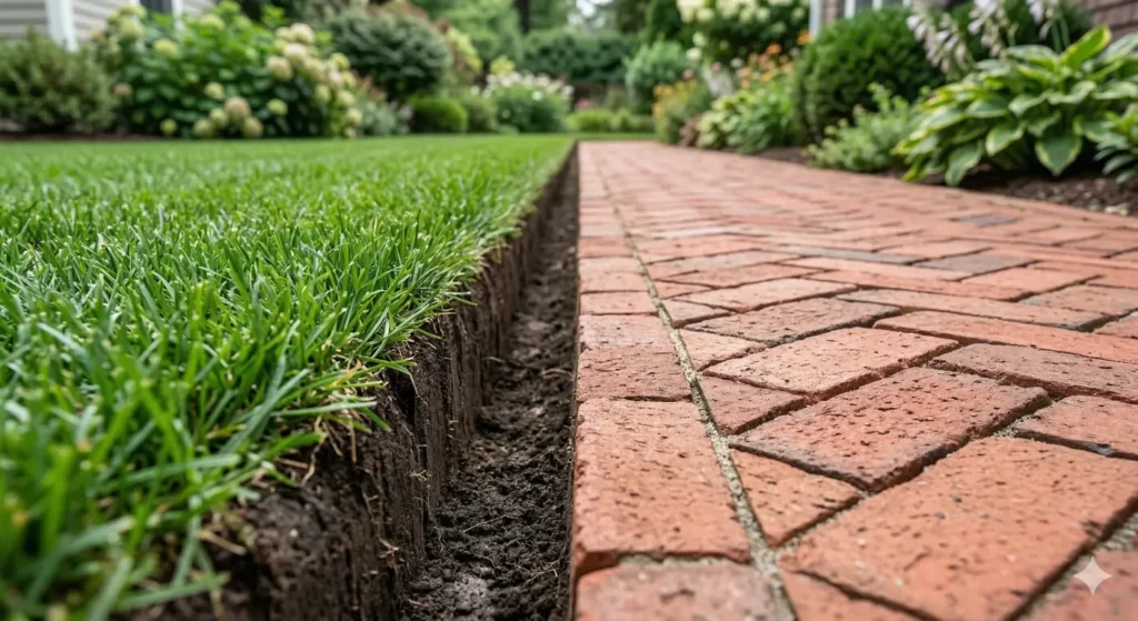 Neatly edged brick path and lawn